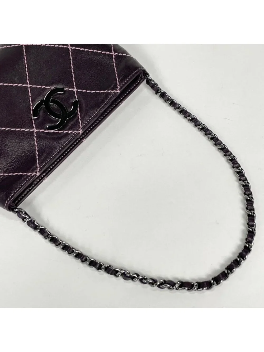 Chanel Pouch Wild Stitch CC Logo Leather Purple